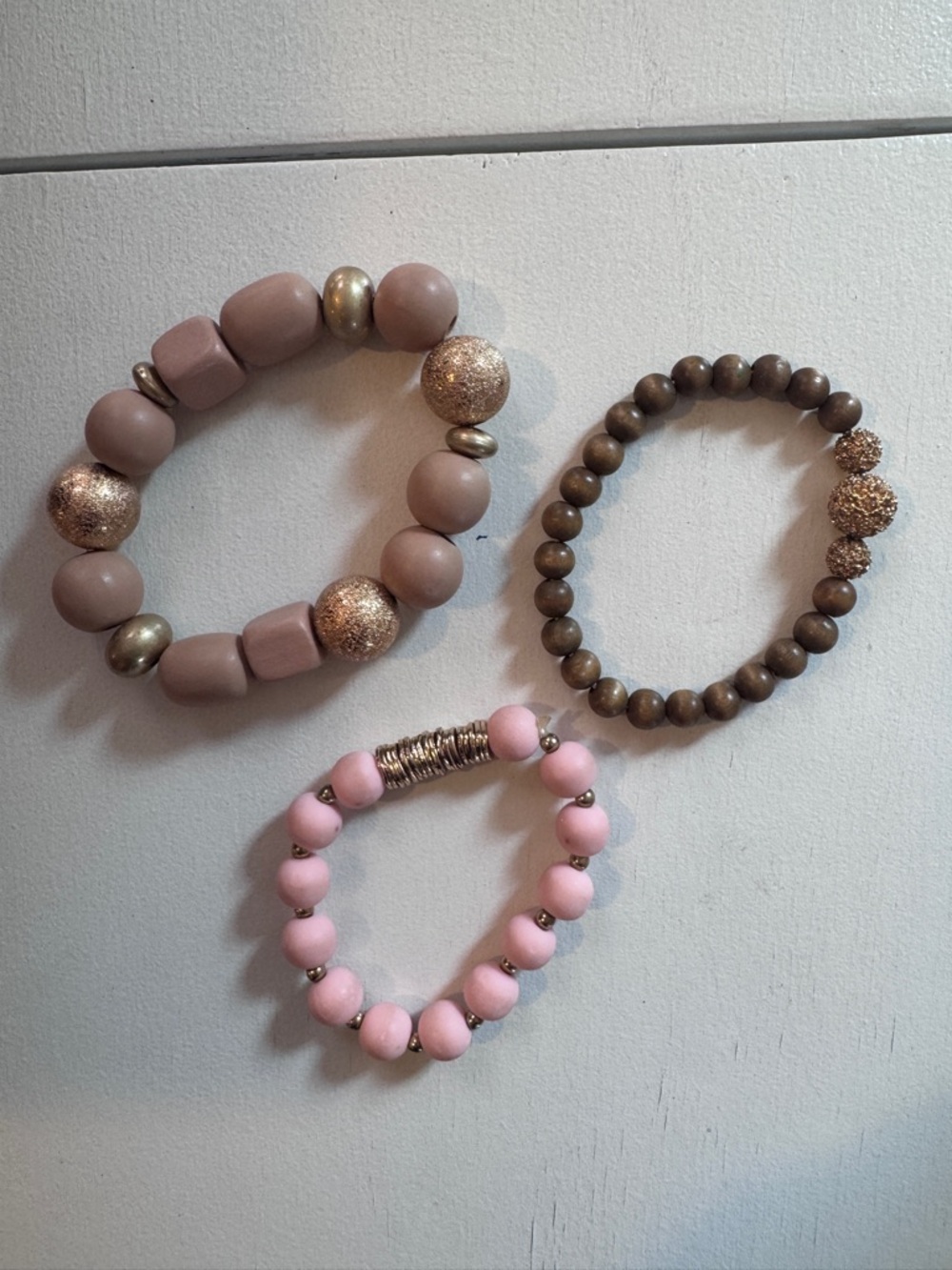 Set of Three Beaded Stretch Bracelets in Blush, Pink & Brown